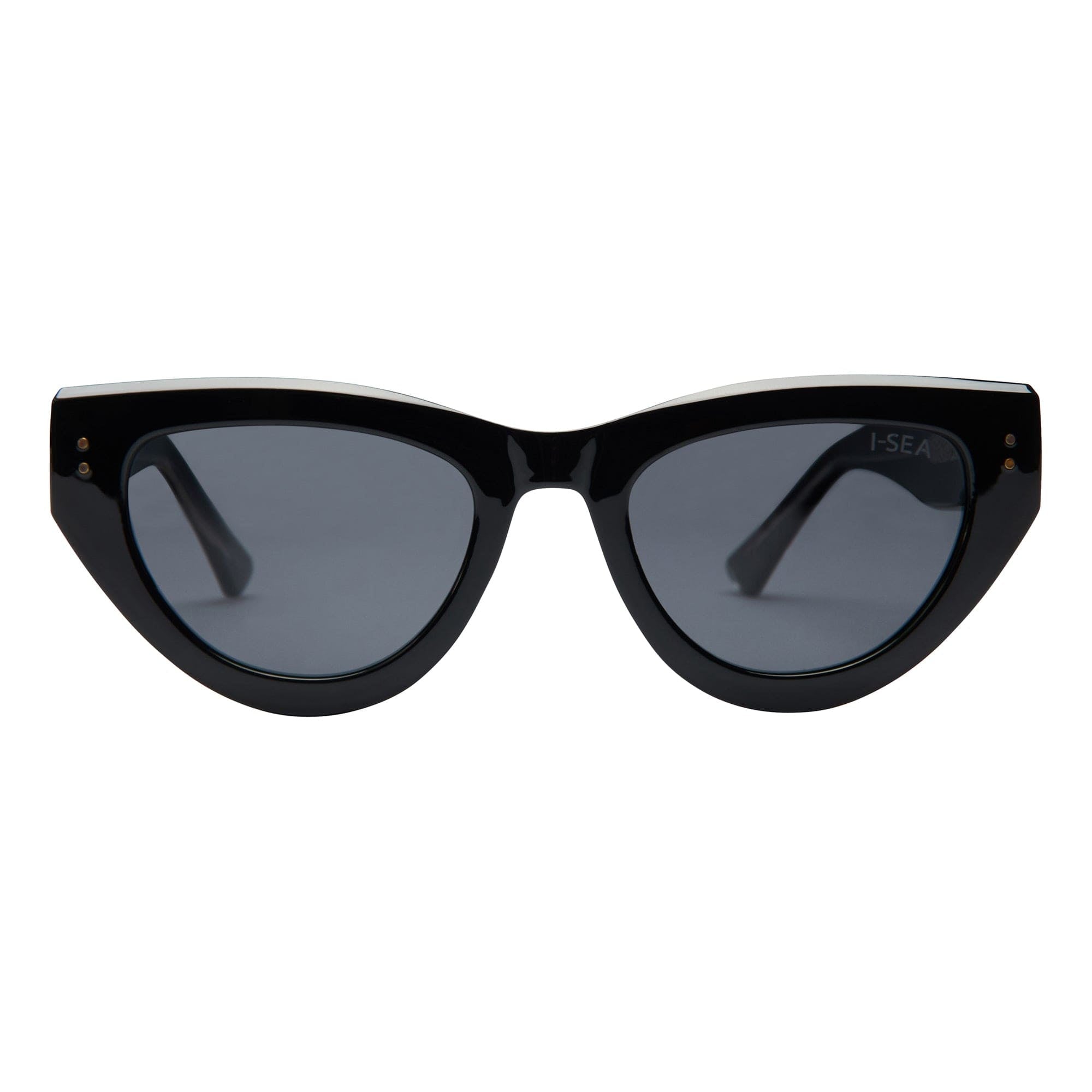 Black cat-eye sunglasses with dark lenses on a white background