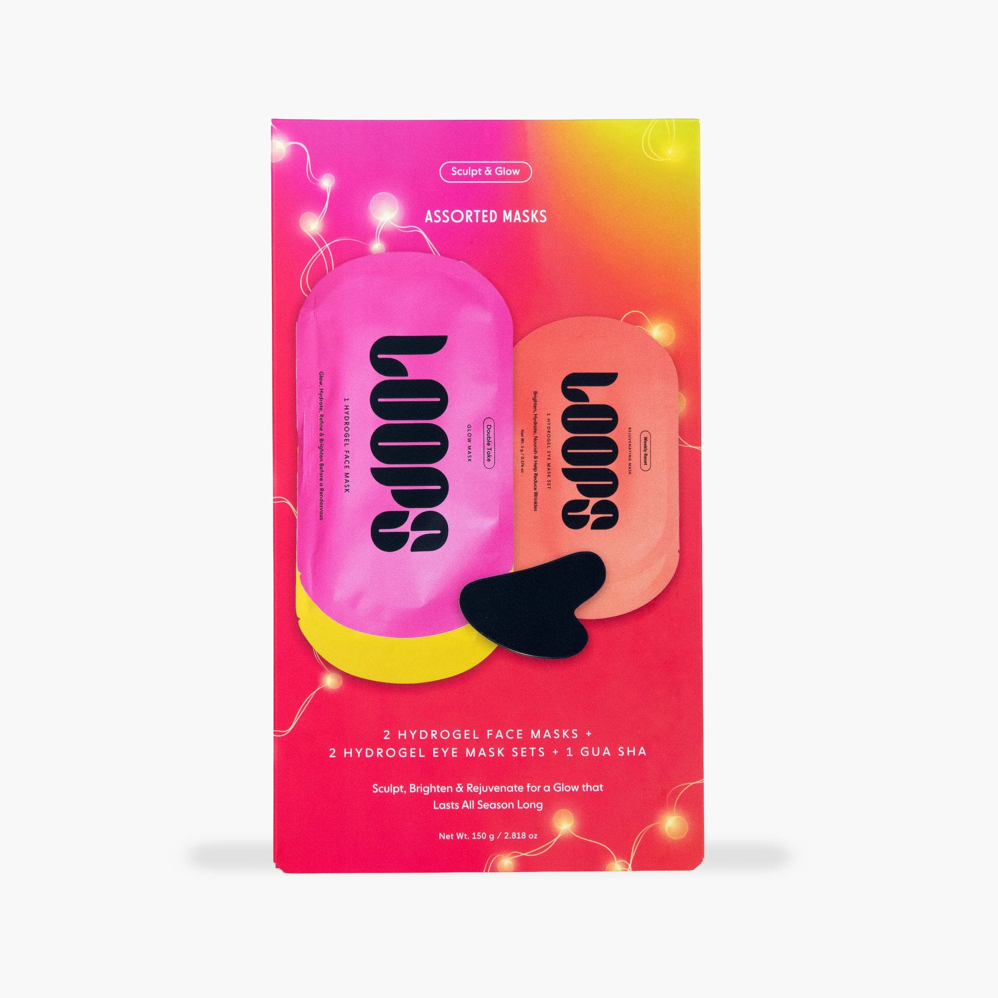 Colorful pink and orange gradient box of LOOPS Sculpt & Glow assorted hydrogel face masks and eye masks with gua sha tool