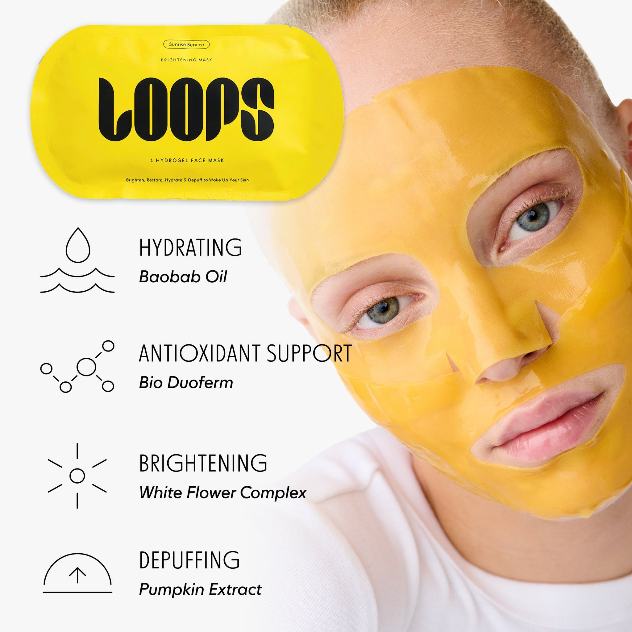 Yellow hydrogel face mask sheet on model's face with LOOPS packaging and key ingredients: Baobab Oil, Bio Duoferm, White Flower Complex, Pumpkin Extract