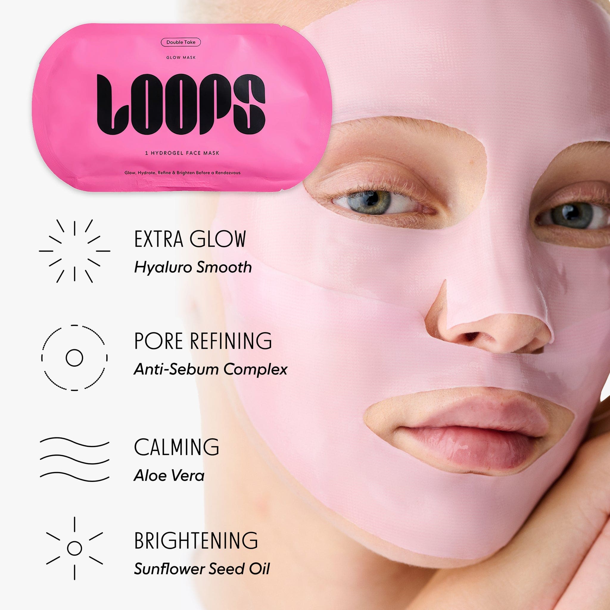 Pink hydrogel face mask sheet on model's face showing glow, pore refining, calming and brightening benefits with product packaging