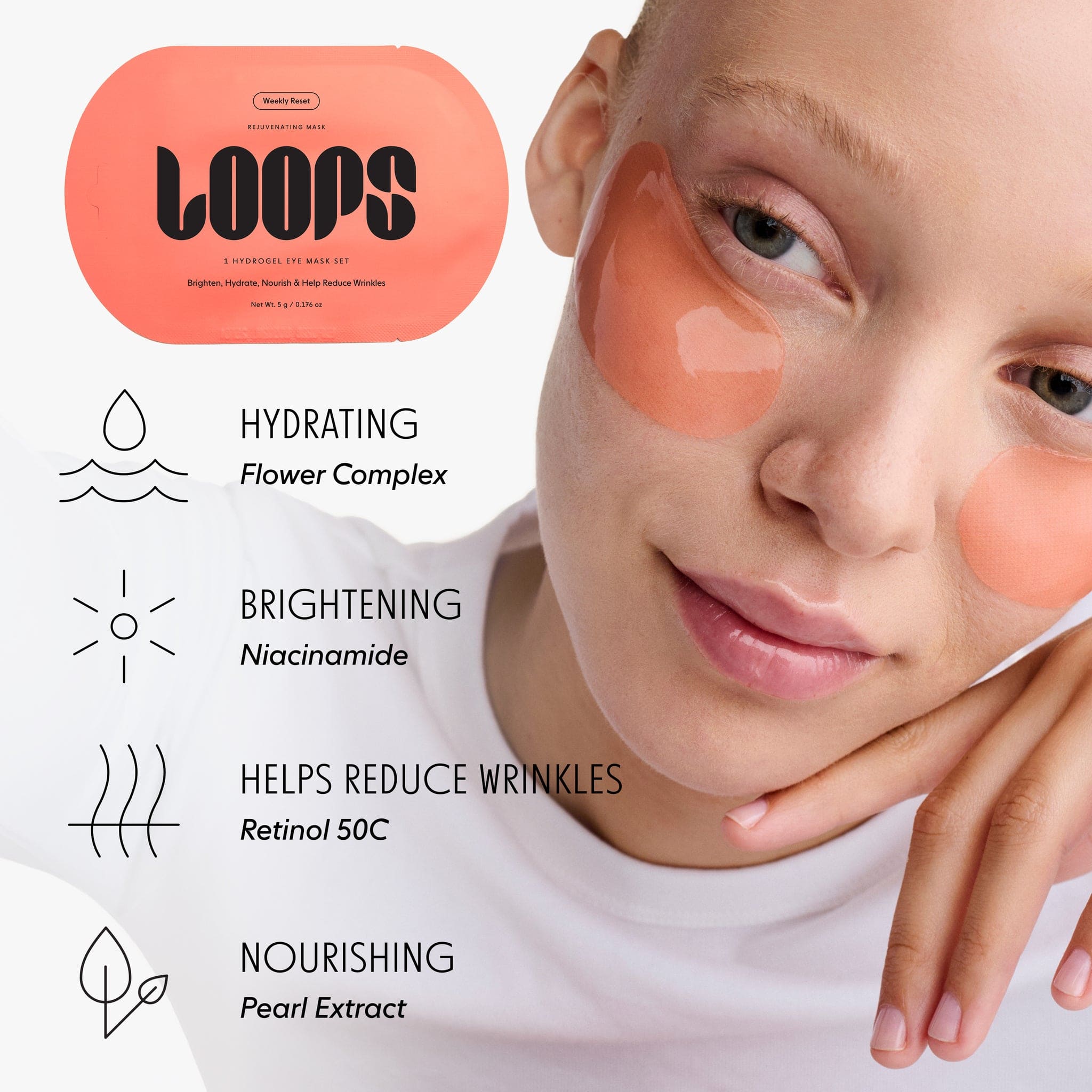 Coral-colored LOOPS hydrogel eye mask packaging with model wearing peachy eye patches, showing four key ingredients and benefits