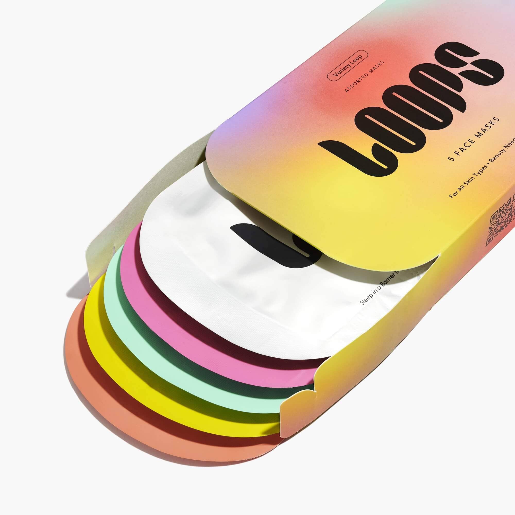 Stack of five colorful sheet face masks in gradient packaging with rounded edges, showing peach, yellow, mint, pink, and burgundy masks