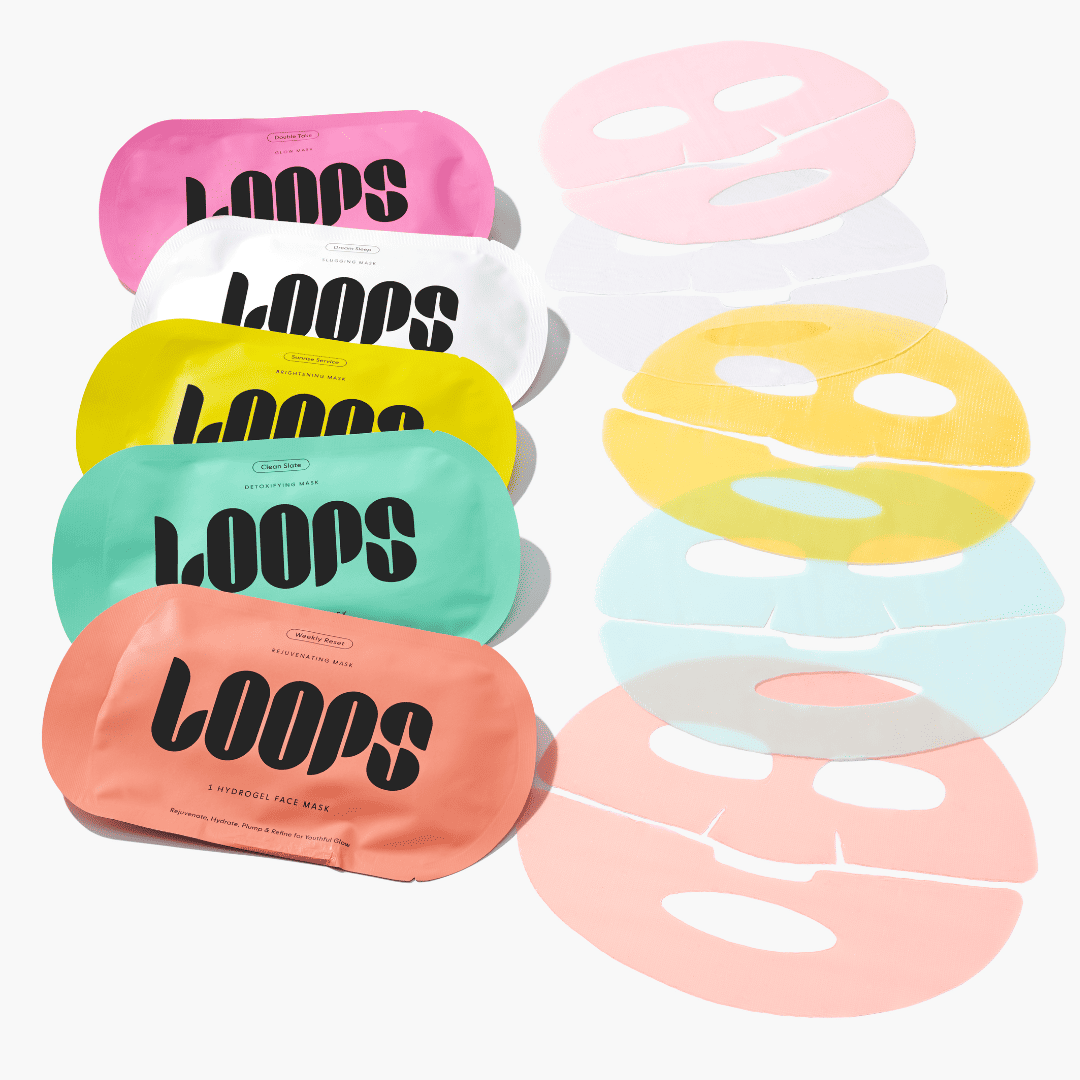 Colorful LOOPS hydrogel face masks in pink, white, yellow, mint, and peach packaging shown with masks displayed beside them