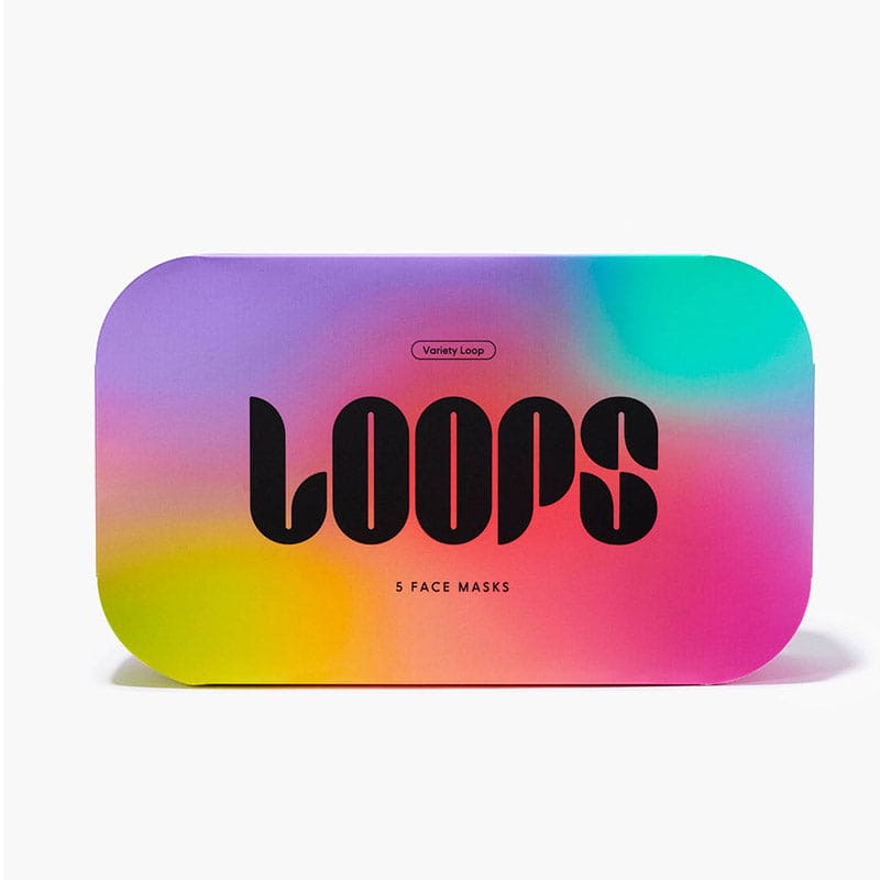 Colorful gradient face mask tin featuring rainbow hues of purple, pink, yellow, and turquoise with bold black LOOPS logo text