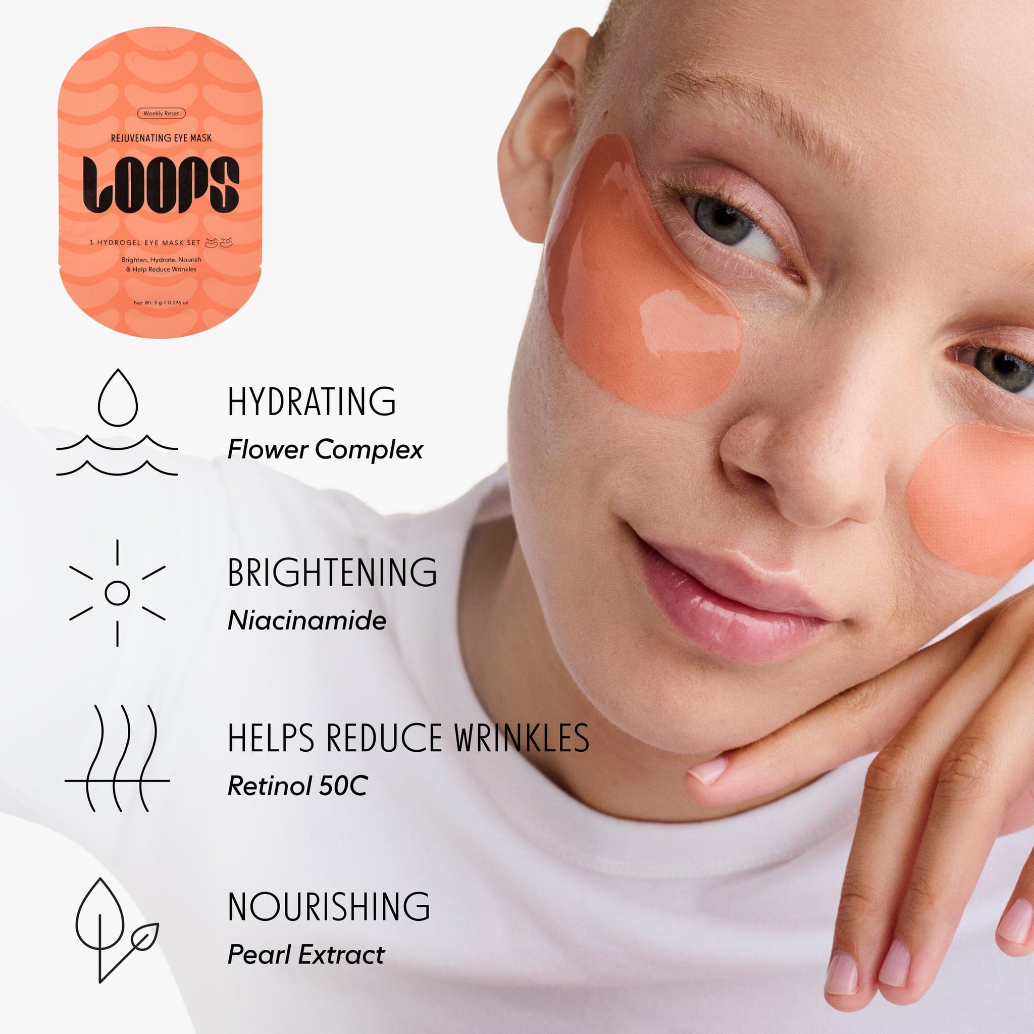 Woman wearing orange hydrogel eye masks with product package and key ingredient callouts including flower complex, niacinamide, retinol, and pearl extract