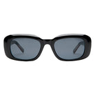 Black rectangular sunglasses with thick frames and dark gray lenses, front view on white background