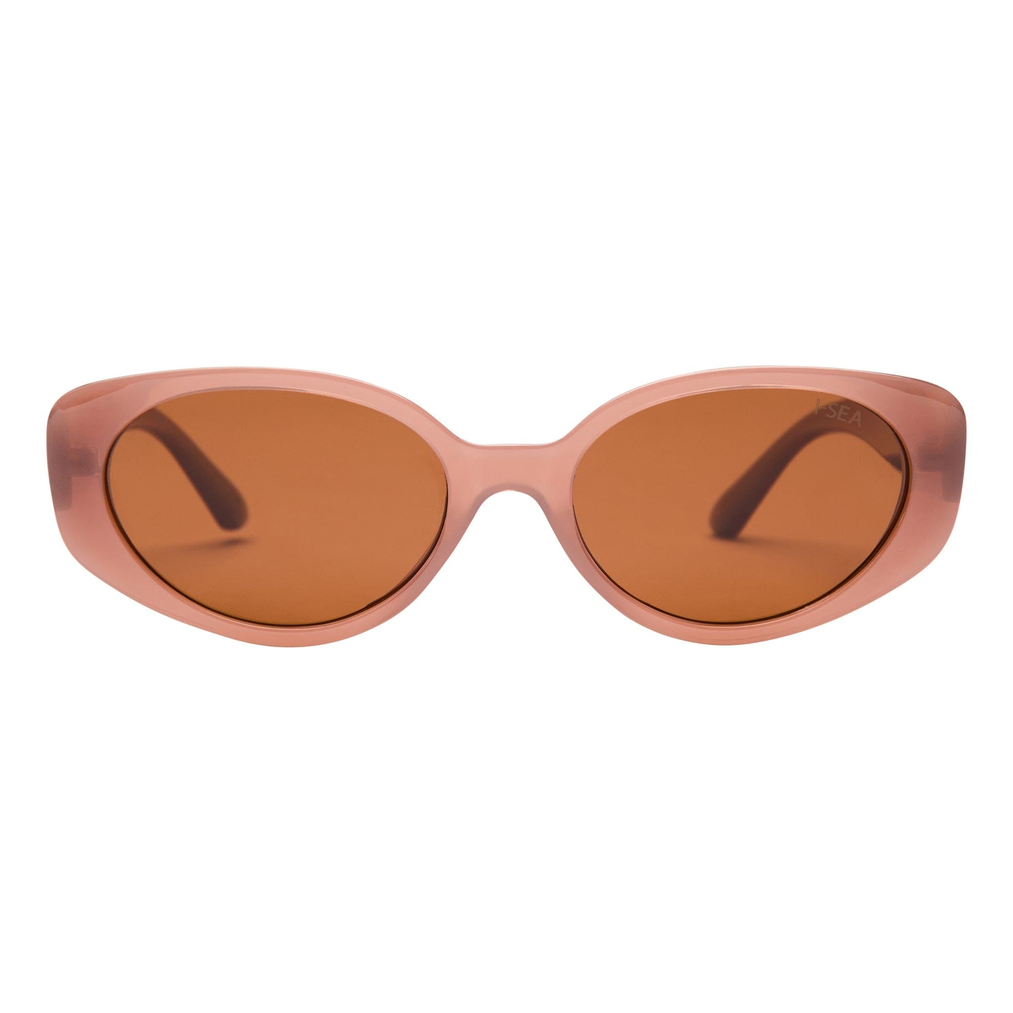 Sunglasses with pink frame and brown lenses on a white background