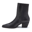 Black textured snake-print leather ankle boot with pointed toe, side zipper, and stacked block heel