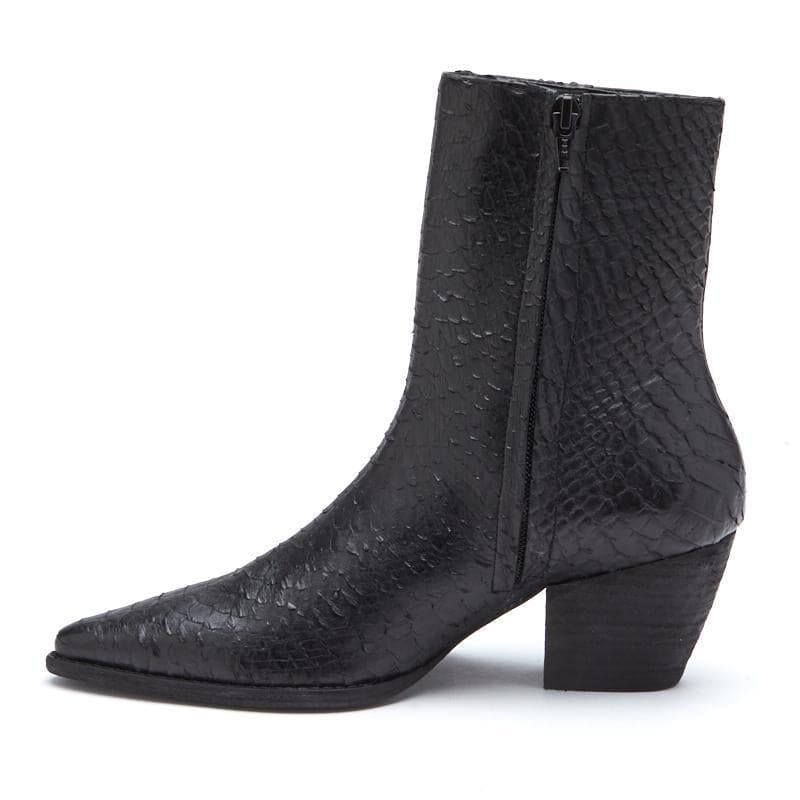 Black textured snake-print leather ankle boot with pointed toe, side zipper, and stacked block heel