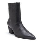 Black textured snake-embossed leather ankle boot with pointed toe and stacked block heel