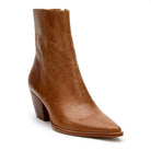 Brown leather pointed toe ankle boot with stacked wooden heel and inside zipper closure