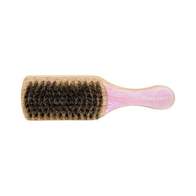 Natural boar bristle hair brush with pink marbled handle and wooden base, EMI JAY brand logo visible