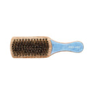 Wooden paddle hair brush with natural boar bristles and light blue handle labeled EMI JAY on white background