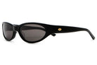 Black sunglasses with a gold logo on a white background