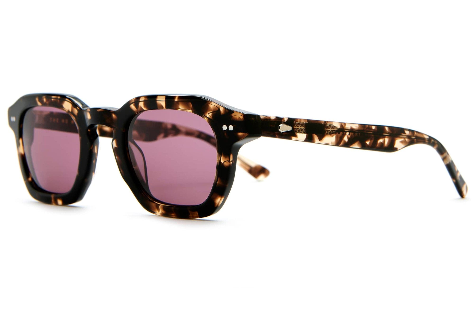 Tortoiseshell square sunglasses with purple-tinted lenses and chunky acetate frames on white background