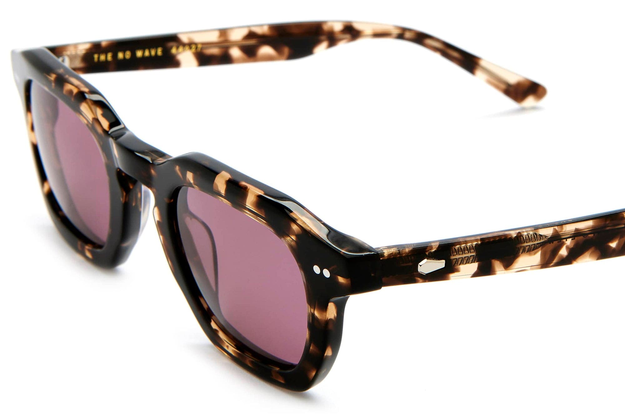 Tortoiseshell patterned square sunglasses with purple-tinted lenses and gold "THE 88 WAVE" text on inner temple