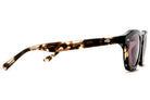 Tortoiseshell acetate sunglasses with dark lenses shown from side angle on white background