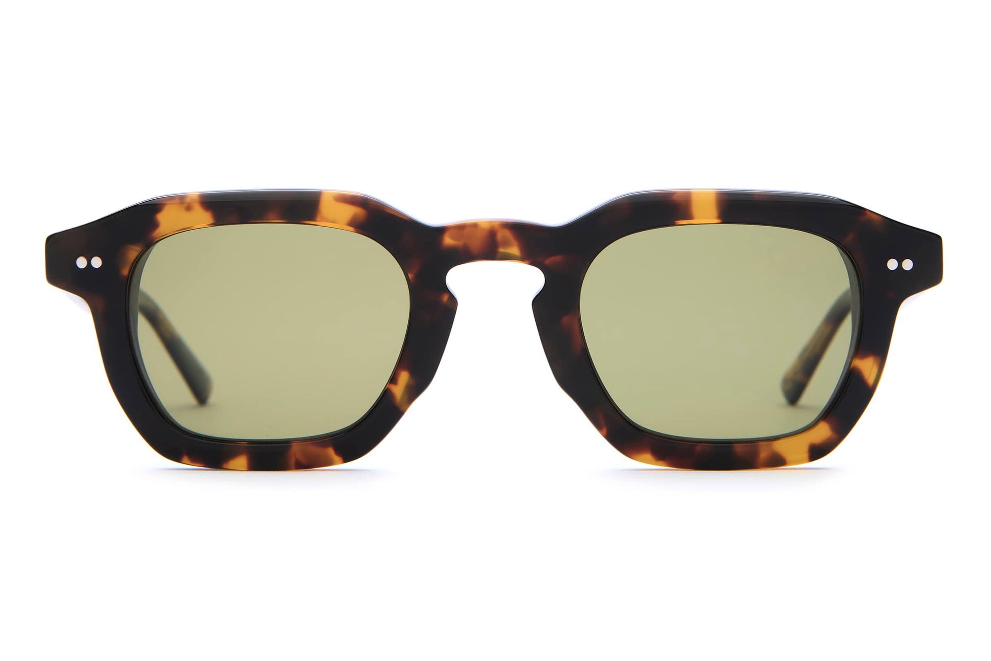 Tortoiseshell acetate sunglasses with thick square frames and olive green lenses, featuring metal rivet details on temples