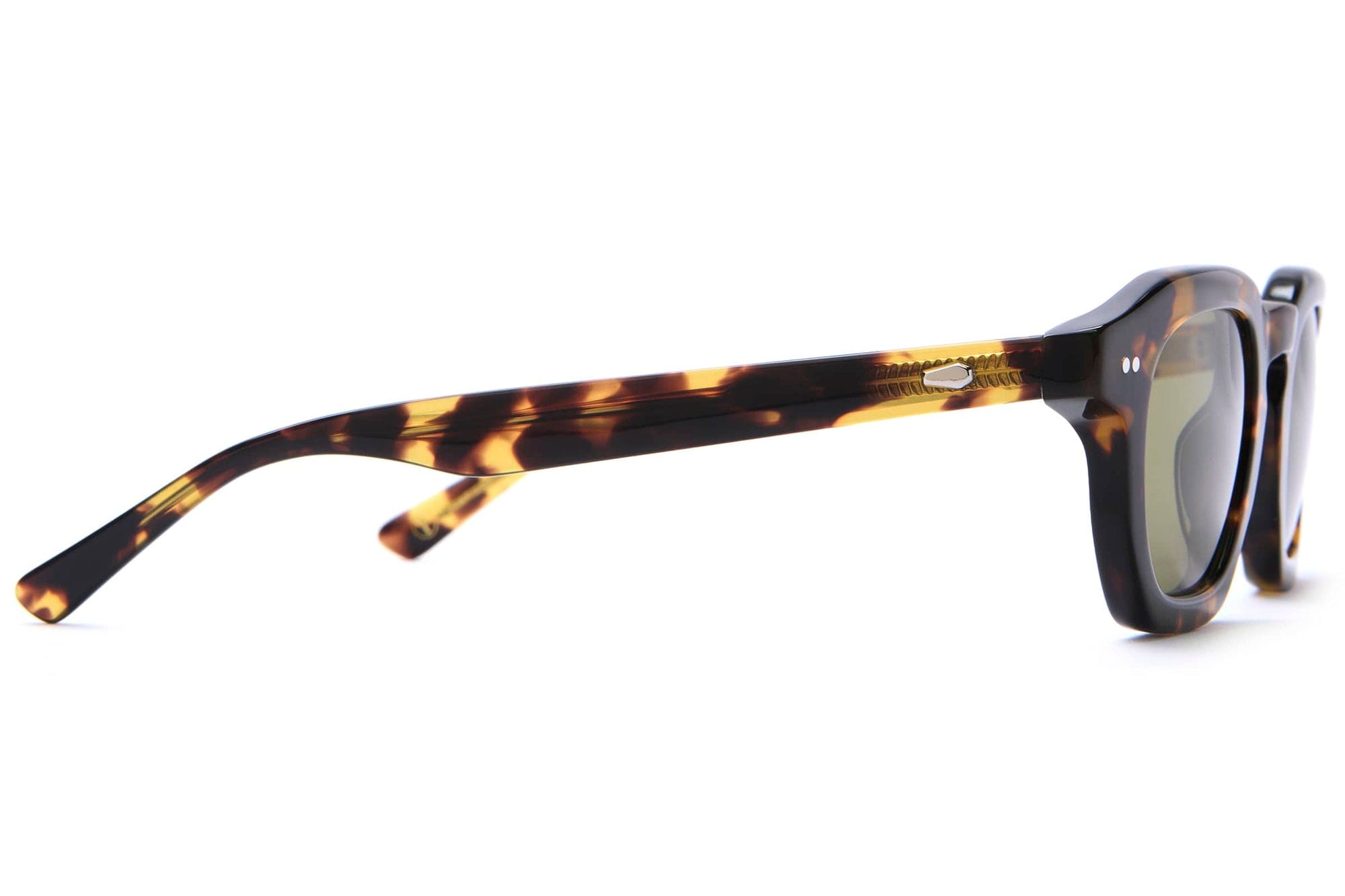 Tortoiseshell acetate sunglasses with thick square frames and dark tinted lenses shown from side angle