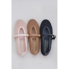 Three woven mesh Mary Jane flats with ankle straps in pink, tan, and black displayed on gray background