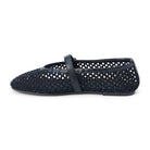 Black woven mesh ballet flat with Mary Jane ankle strap and pointed toe, side view