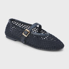Black woven mesh ballet flat with gold buckle strap across vamp and perforated breathable upper