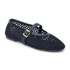 Black woven crochet flat shoe with leather Mary Jane strap and gold buckle detail