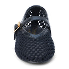Black woven mesh Mary Jane flat with ankle strap and gold buckle detail, front view