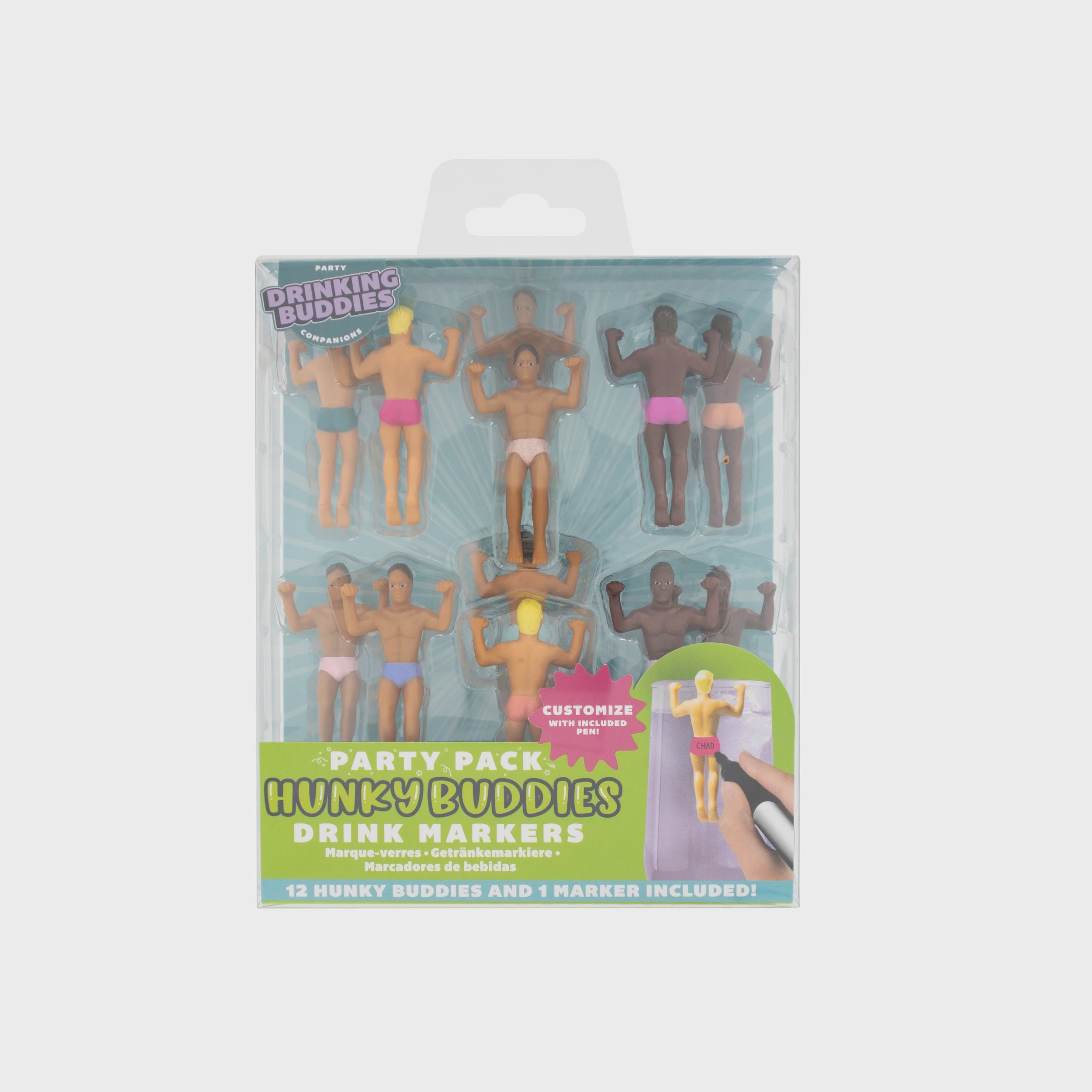 Packaged product of Hunky Buddies drink markers with a white background