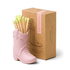 Pink boot-shaped bamboo toothpick holder with toothpicks and kraft paper packaging box