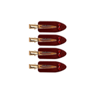 Four burgundy velvet hair clips with small red bows and gold metal clasps arranged vertically on white background
