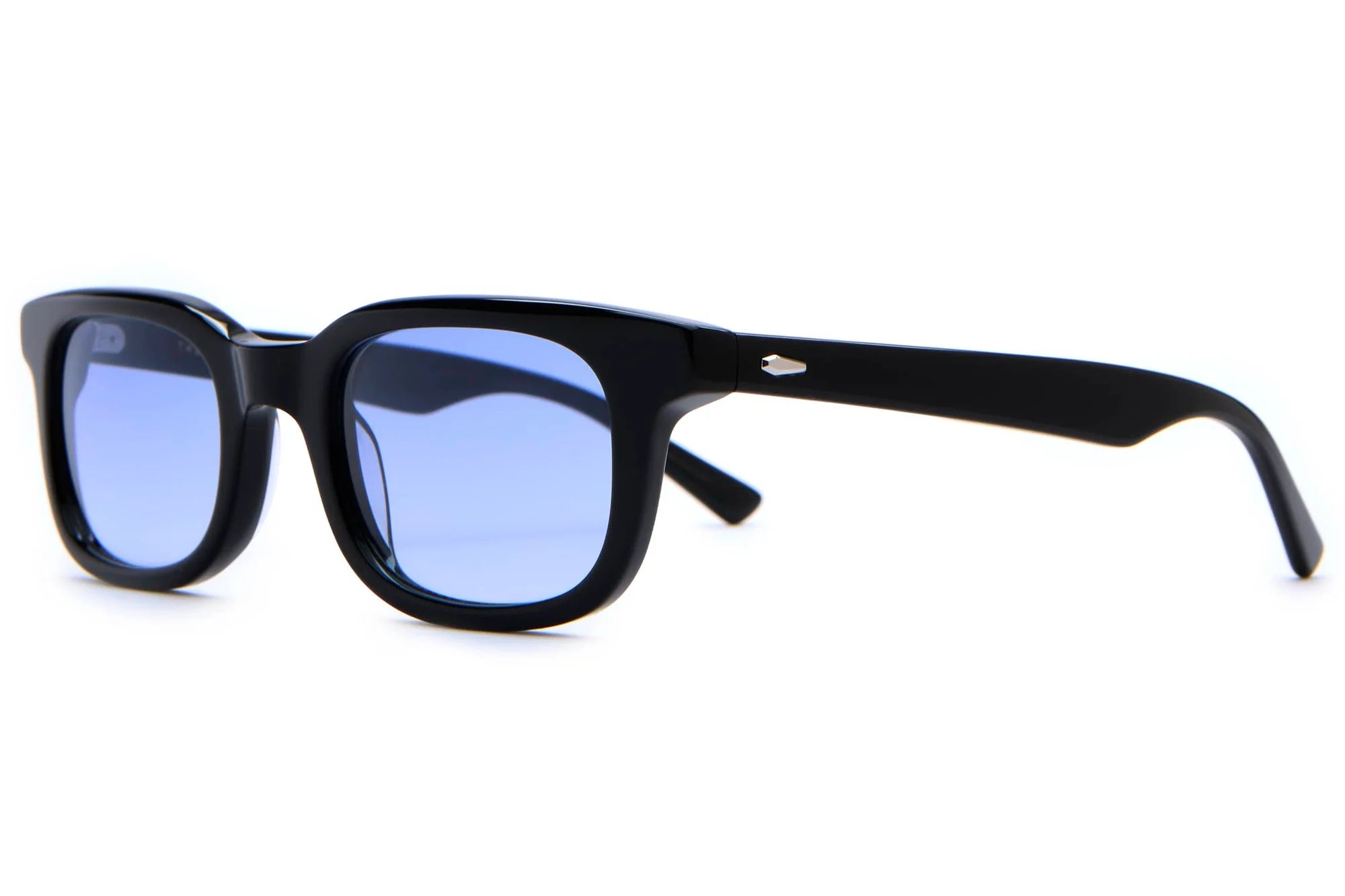 Black sunglasses with blue lenses on a white background