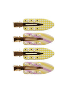 Four decorative hair clips with yellow gingham and striped patterns, adorned with white pearls and gold rhinestones on metal bases