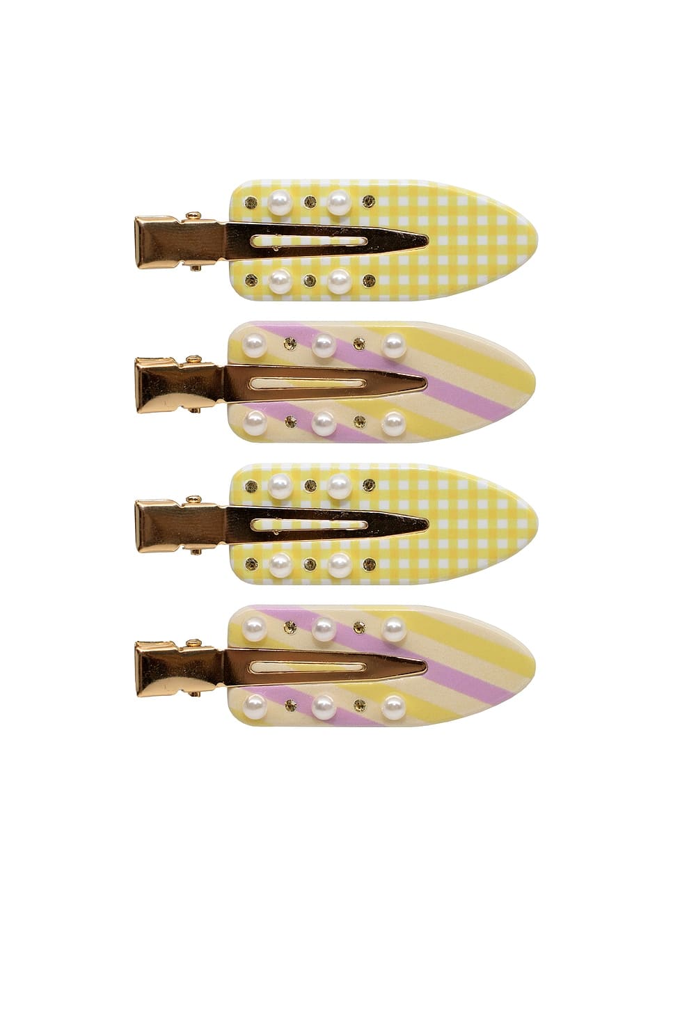 Four decorative hair clips with yellow gingham and striped patterns, adorned with white pearls and gold rhinestones on metal bases