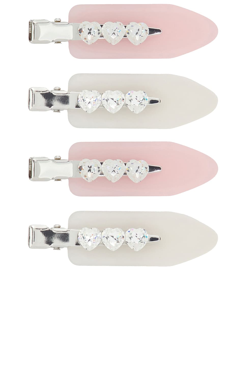 Four-pack of pastel pink and white snap hair clips with crystal heart embellishments and silver metal clasps