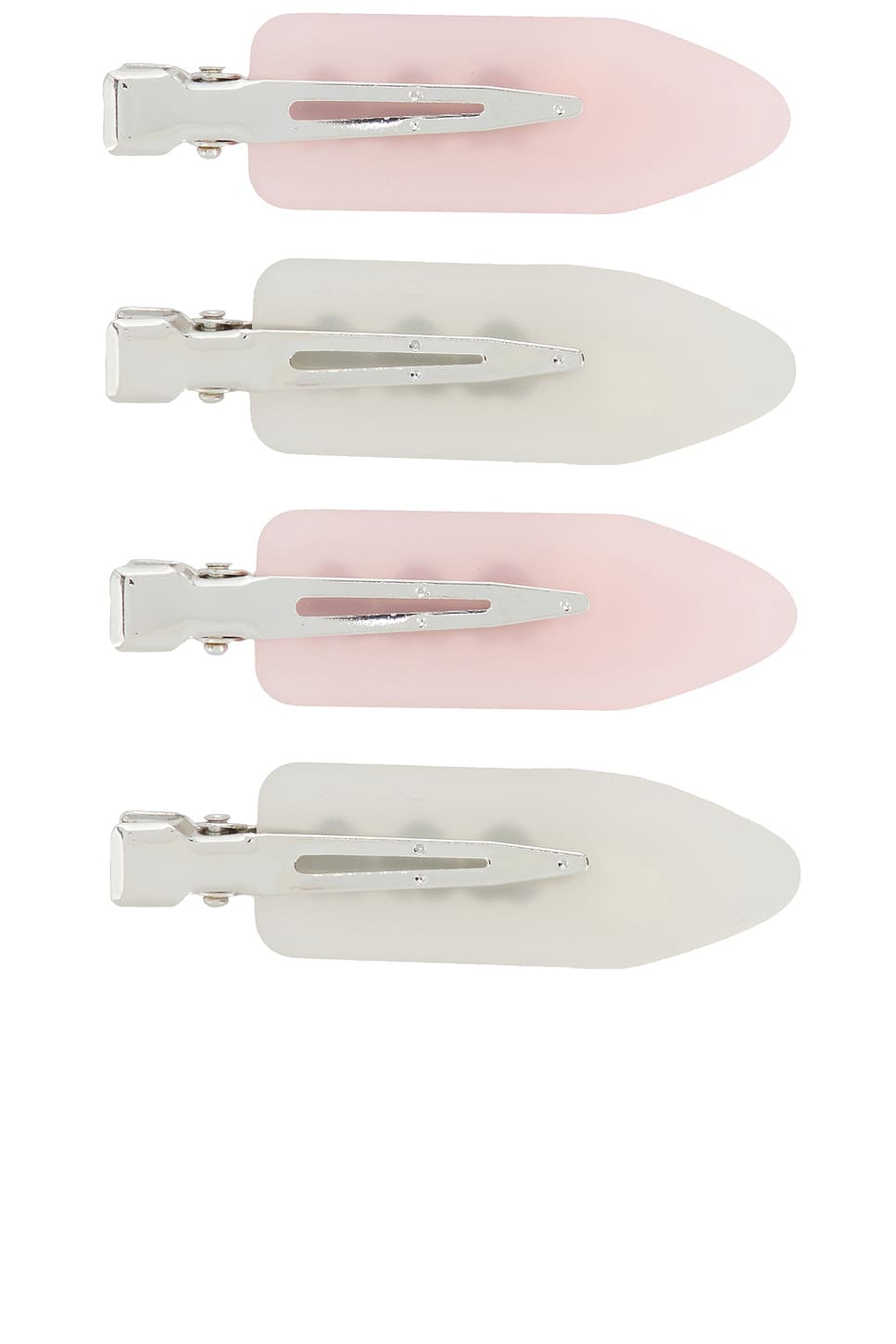 Four-pack of snap hair clips in pink and white with silver metal clasps, oval-shaped design for securing hair