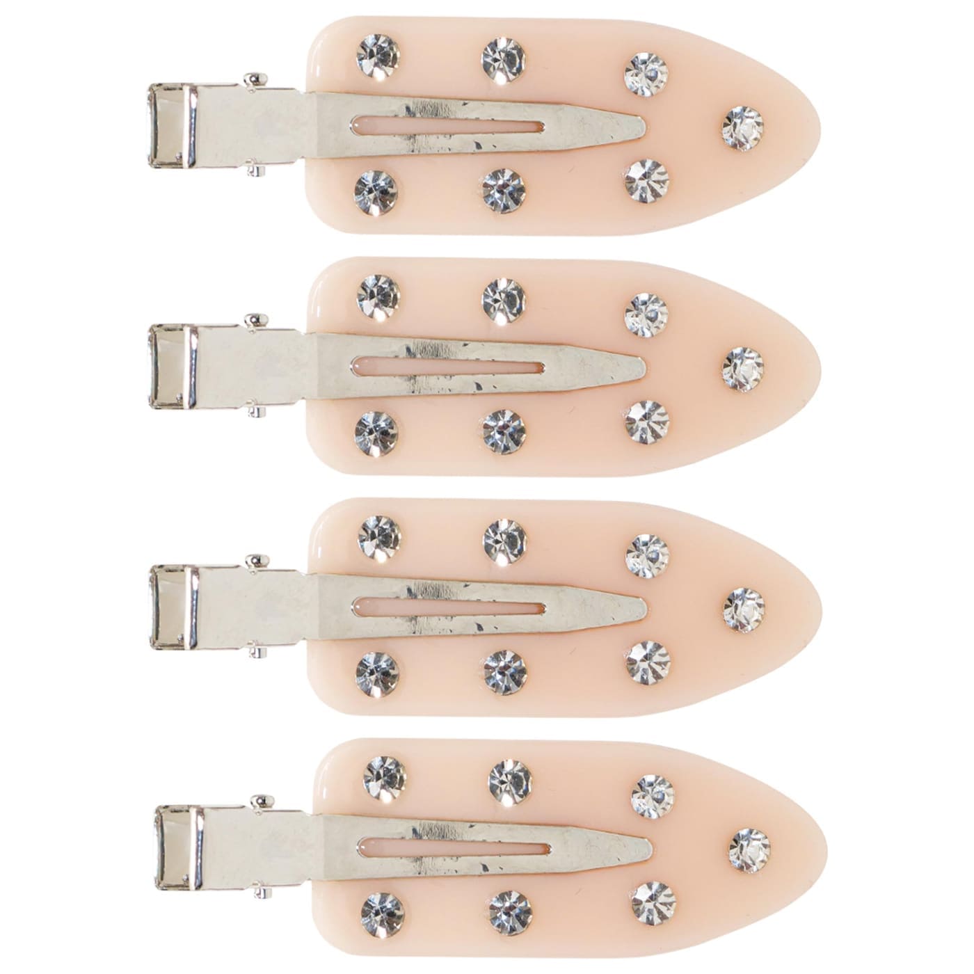 Four peach-colored snap hair clips with crystal rhinestone embellishments and silver metal closures