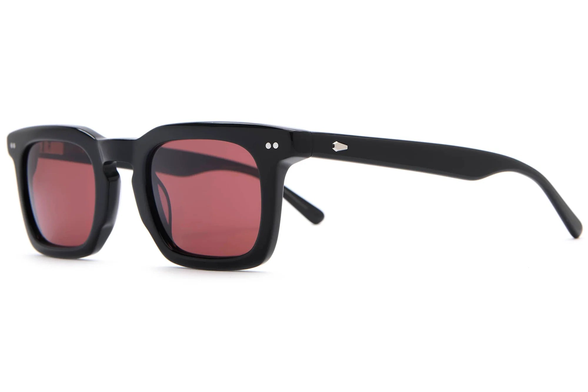 Black sunglasses with pink lenses on a white background