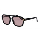 Black sunglasses with pink lenses on a white background