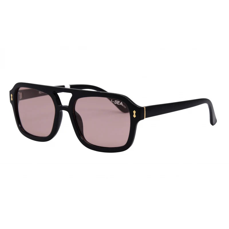 Black sunglasses with pink lenses on a white background
