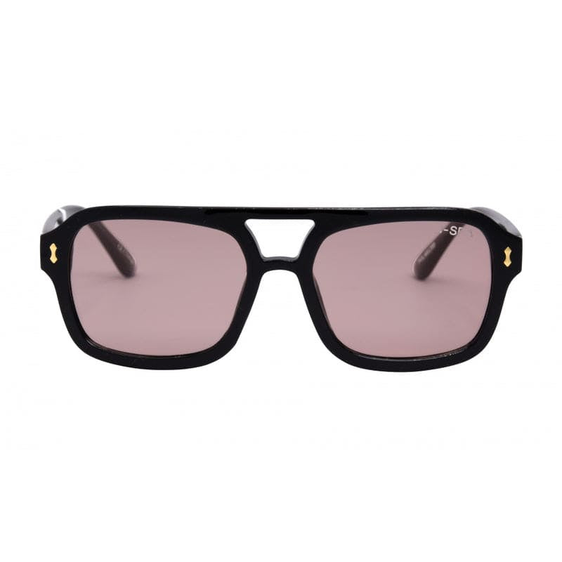 Black sunglasses with pink lenses on a white background