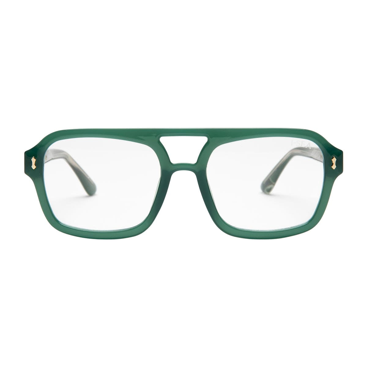 Green eyeglasses on a white background