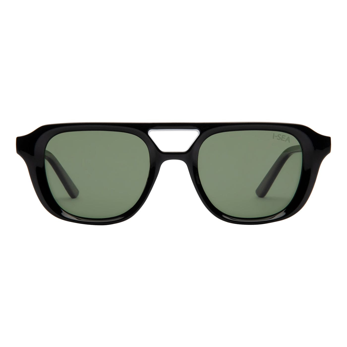 Black sunglasses with green lenses on a white background