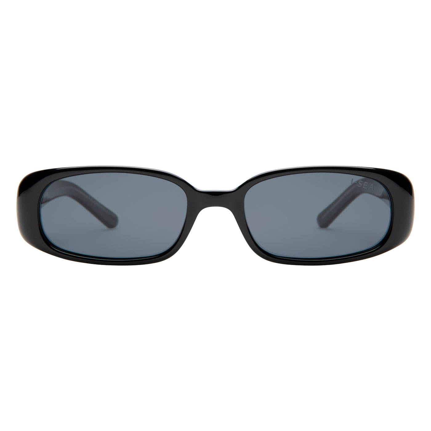 Black sunglasses with dark lenses on a white background