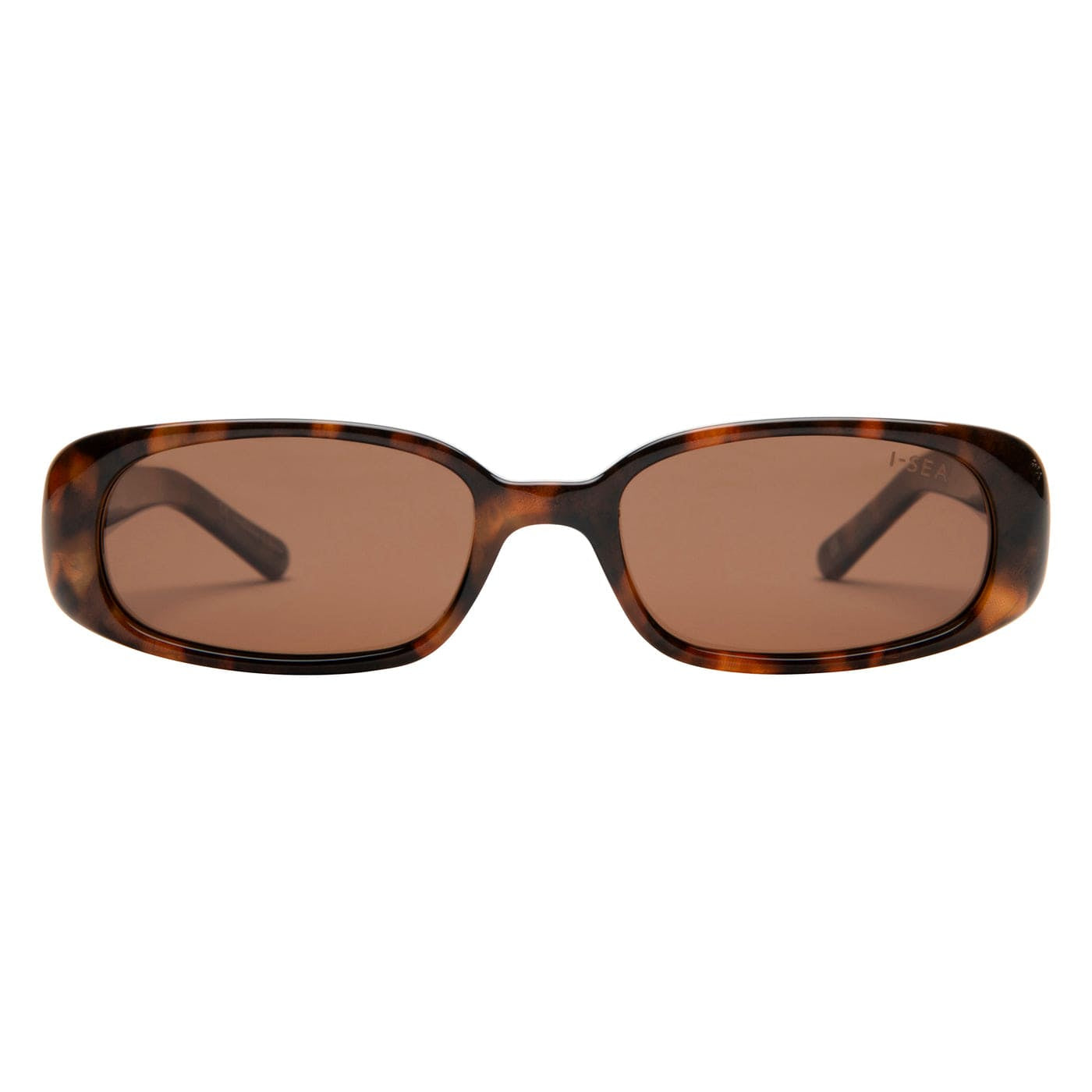 Sunglasses with tortoiseshell frame and brown lenses on a white background