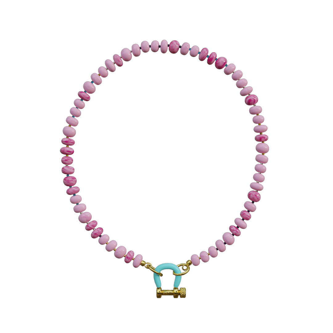 Pink and purple beaded necklace with turquoise enamel toggle clasp and gold-tone accents