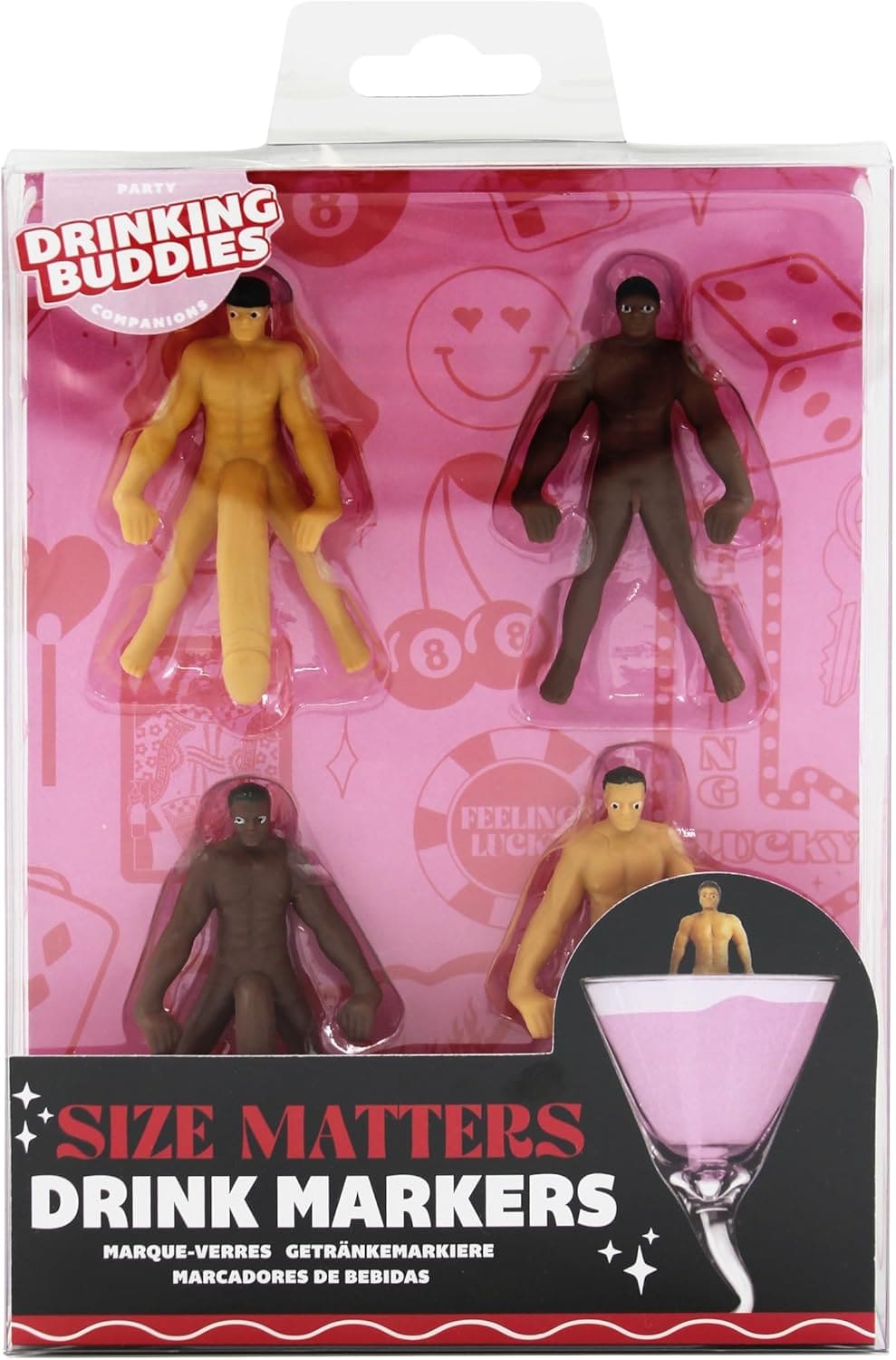 Drinking Buddies party drink markers set of 4 novelty figurines in clear packaging with pink background