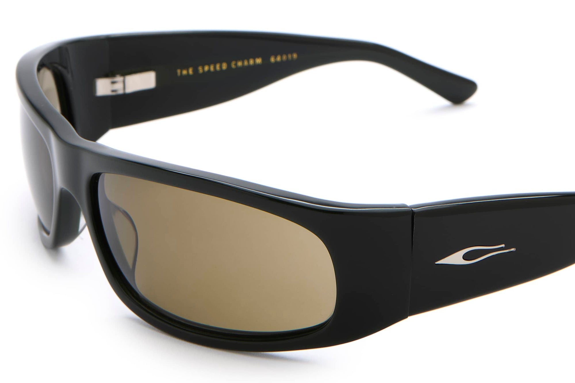 Black sunglasses with a brown lens on a white background