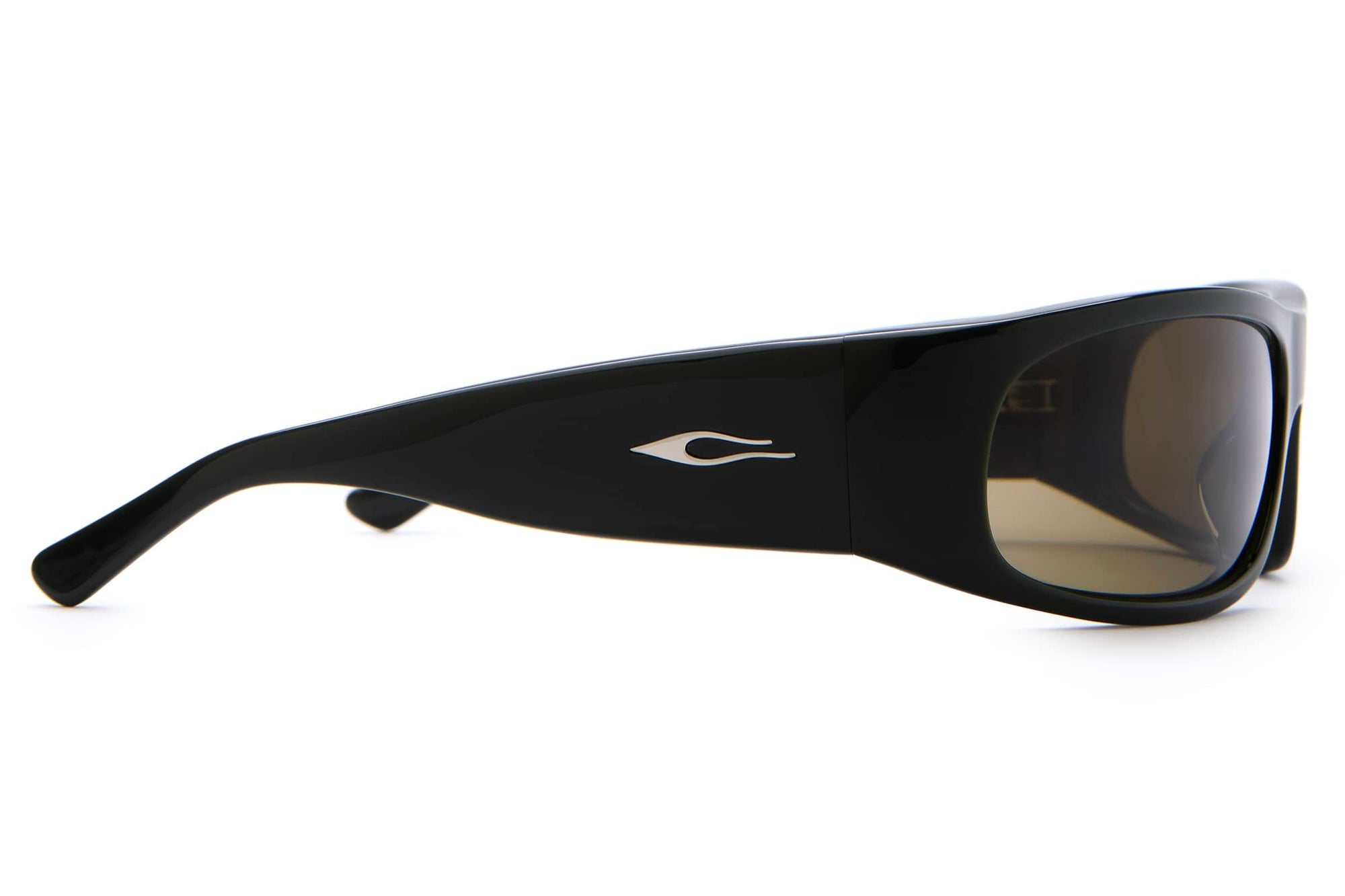 Black sunglasses with a logo on the frame against a white background