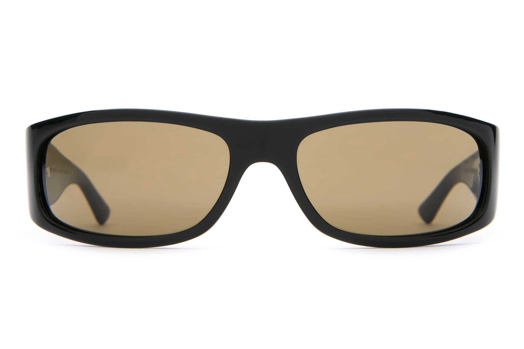 Black sunglasses with brown lenses on a white background